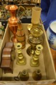 Brass candlesticks, mahogany mantle clock etc.