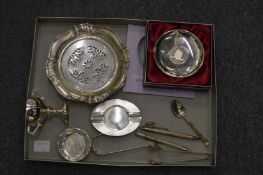 A collection of small silverware to include shaped dish with pierced liner, a trophy cup, Royal