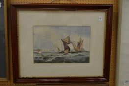 A choppy sea with sailing boats, watercolour.