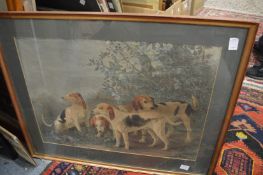 A group of framed engravings and prints.