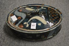 David Frith, a casserole dish with cover, stylised decoration.