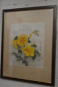 Japanese School, Floral subject with a hummingbird, colour print.