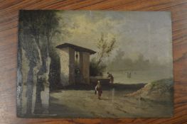 Continental scene depicting figures by a well, oil on board, unframed.