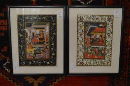 Indian school, two miniature paintings depicting figures in an interior within floral borders.