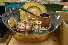 A brass and copper oval basket with pierced sides together with other metalware.