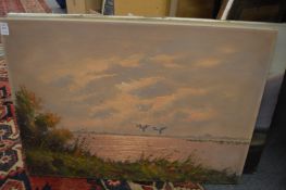 Three unframed oil paintings, nautical scenes and others.