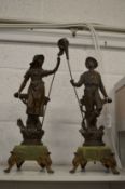 A pair of spelter figures on onyx bases.