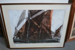 Decorative picture of a sailing ship together with an abstract and impressionist print.