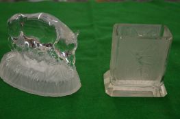 A Lalique style moulded frosted glass spill vase together with a glass model of a boar.
