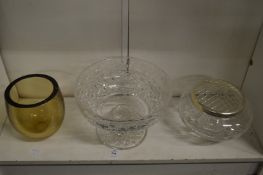 A good cut glass bowl, a flower bowl and a smoky glass vase.