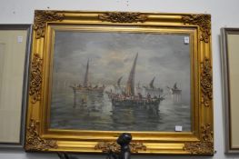 E Bott, fishing boats in a harbour, oil on canvas in a decorative gilt frame.