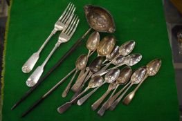 A quantity of assorted silver flatware and a toddy ladle.