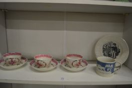 Three famille rose tea bowls and saucers and two other items.