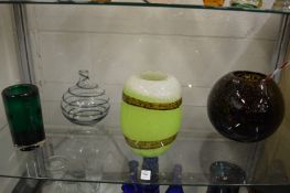 Colourful art glass vases.