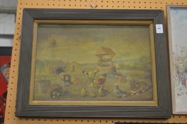 Chickens in a farmyard, oleographic print.