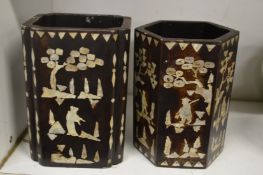 Two Chinese mother-of-pearl inlaid hardwood brush pots.