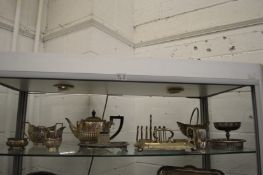 Plated items to include a three piece tea service, desk stands etc.