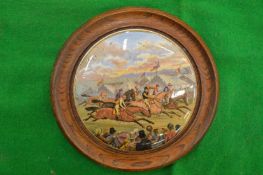 A porcelain pot lid, A Race or Derby Day, framed.