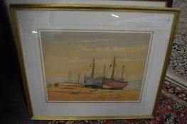 Beached fishing boats, colour print and another.