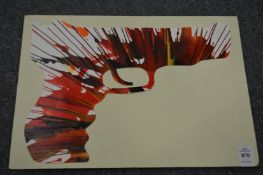 A spin style painting, cut out in the form of a gun.