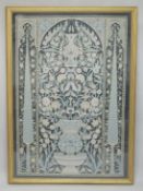A GOOD LARGE ISLAMIC METAL THREAD EMBROIDERED PICTURE, depicting a hanging vase with stylised
