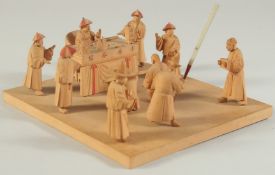 A LATE 19TH CENTURY CHINESE CARVED WOOD FIGURAL DIORAMA, mounted to later base, each figure with