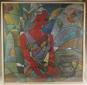 A LARGE SEMI-ABSTRACT MIXED MEDIA / PASTEL PICTURE OF A SEATED FEMALE FIGURE, framed and glazed,