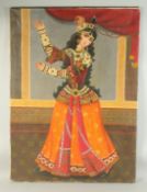 OIL PAINTING ON CANVASS OF A FEMALE DANCER with bells on her fingers, on wooden stretcher -unframed,