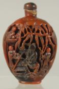 A CHINESE RHINO HORN-TYPE SNUFF BOTTLE, with Shao Lao and attendants, 10cm high.