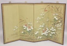 A CHINESE PAINTING ON SILK FOUR-PANELLED FOLDING SCREEN, with red seal mark, each panel 89.5cm x
