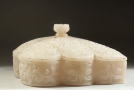 A FINE ADVENTRINE OR ROCK CRYSTAL LEAF-FORM LIDDED BOX, the lid and sides carved with foliate
