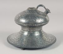 A VERY FINE 18TH-19TH CENTURY INDIAN SILVER INLAID BIDRI HUQQA BASE, 18.5cm diameter.