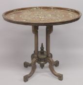 A FINE CHINESE MOTHER OF PEARL INLAID HARDWOOD OVAL TOP TABLE, the surface decorated with fine inlay