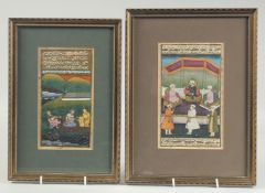 TWO ISLAMIC ILLUMINATED MANUSCRIPT PAGES, each finely painted with scenes of figures and panels of