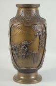 A FINE AND LARGE JAPANESE MEIJI BRONZE VASE, with two large panels with relief scenes; one depicting