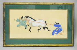 A CHINESE 20TH CENTURY WATERCOLOUR ON PAPER OF FIGURES AND HORSES - signed lower right, frame