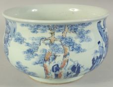 A LARGE CHINESE BLUE, WHITE AND UNDERGLAZE RED PORCELAIN BOWL - possibly Qing dynasty, decorated