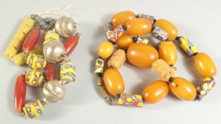 TWO MIXED BEADED NECKLACES, (2).