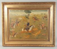 A LARGE OIL ON CANVASS PAINTING DEPICTING QAJAR RULER FATH 'ALI SHAH, HUNTING SCENE, in a fine