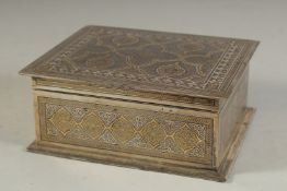 A FINE IRANIAN GOLD INLAID METAL BOX, 14cm x 11.5cm.