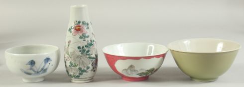 THREE CHINESE PORCELAIN BOWLS, together with a famille rose vase, (4).