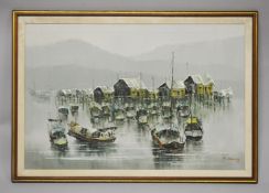 A LARGE CHINESE OIL ON CANVAS PAINTING BY F.C CHEUNG - water side nautical theme of Asia, signed