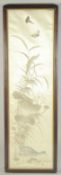 A 19TH CENTURY CHINESE EMBROIDERED SILK PANEL, depicting a duck and butterflies with native flora,
