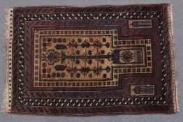 A FINE BALOCH PRAYER RUG, with tree of life stylised motif to the centre, 144cm x 94cm.