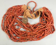 A GOOD CORAL BEADED MULTI-ROW NECKLACE.