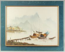 A OIL ON CANVASS PAINTING OF A COASTAL SCENE, framed, image 44cm x 59cm.