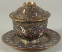 A FINE 19TH CENTURY KASHMIR ENAMEL AND GILT LIDDED BOWL AND STAND, with colourful enamelled