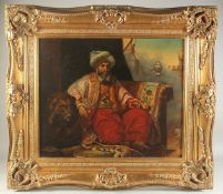 A FINE ORIENTALIST ENGLISH SCHOOL OIL PAINTING ON CANVASS; 'MASSACRE OF THE MAMLUKS' depicting