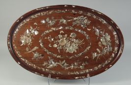 A CHINESE MOTHER OF PEARL INLAID HARDWOOD OVAL-FORM TRAY, finely decorated with various birds and