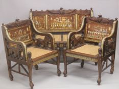 A FINE 19TH CENTURY EGYPTIAN REVIVAL FURNITURE SET; comprising a settee and pair of chairs, inlaid